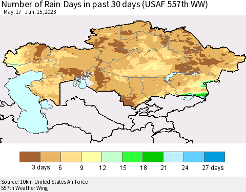 Kazakhstan Number of Rain Days in past 30 days (USAF 557th WW) 06/15/2023 Thematic Map For 6/11/2023 - 6/15/2023