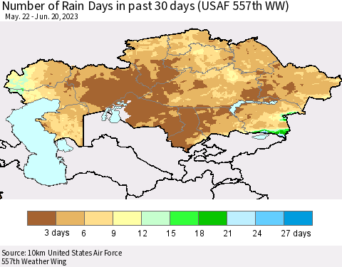 Kazakhstan Number of Rain Days in past 30 days (USAF 557th WW) 06/20/2023 Thematic Map For 6/16/2023 - 6/20/2023