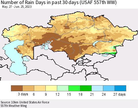Kazakhstan Number of Rain Days in past 30 days (USAF 557th WW) 06/25/2023 Thematic Map For 6/21/2023 - 6/25/2023