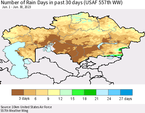 Kazakhstan Number of Rain Days in past 30 days (USAF 557th WW) 06/30/2023 Thematic Map For 6/26/2023 - 6/30/2023