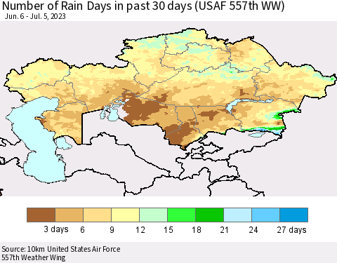 Kazakhstan Number of Rain Days in past 30 days (USAF 557th WW) 07/05/2023 Thematic Map For 7/1/2023 - 7/5/2023