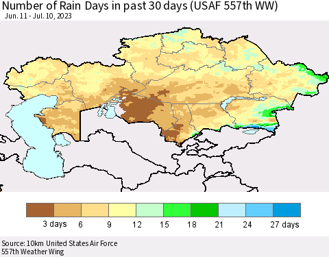 Kazakhstan Number of Rain Days in past 30 days (USAF 557th WW) 07/10/2023 Thematic Map For 7/6/2023 - 7/10/2023