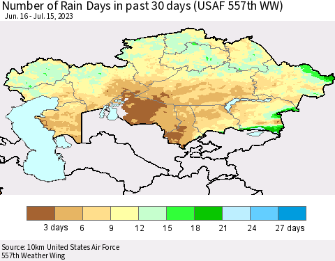 Kazakhstan Number of Rain Days in past 30 days (USAF 557th WW) 07/15/2023 Thematic Map For 7/11/2023 - 7/15/2023