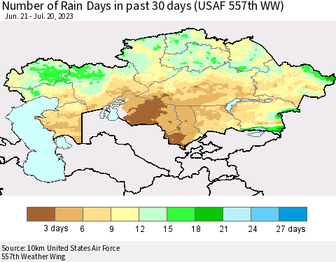 Kazakhstan Number of Rain Days in past 30 days (USAF 557th WW) 07/20/2023 Thematic Map For 7/16/2023 - 7/20/2023
