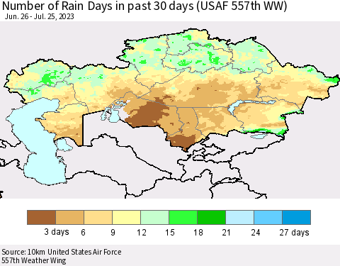 Kazakhstan Number of Rain Days in past 30 days (USAF 557th WW) 07/25/2023 Thematic Map For 7/21/2023 - 7/25/2023