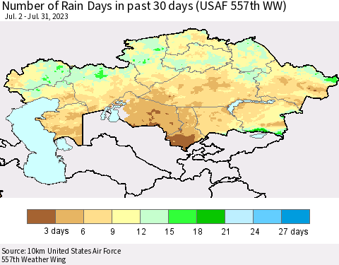 Kazakhstan Number of Rain Days in past 30 days (USAF 557th WW) 07/31/2023 Thematic Map For 7/26/2023 - 7/31/2023