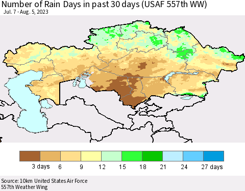 Kazakhstan Number of Rain Days in past 30 days (USAF 557th WW) 08/05/2023 Thematic Map For 8/1/2023 - 8/5/2023