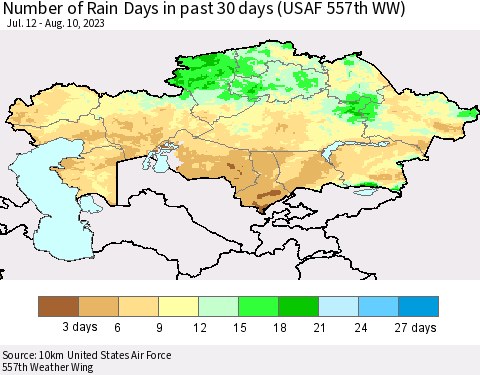 Kazakhstan Number of Rain Days in past 30 days (USAF 557th WW) 08/10/2023 Thematic Map For 8/6/2023 - 8/10/2023