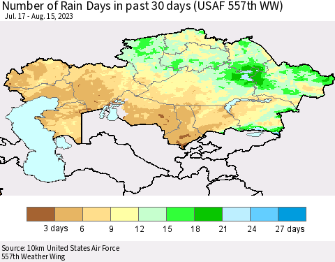 Kazakhstan Number of Rain Days in past 30 days (USAF 557th WW) 08/15/2023 Thematic Map For 8/11/2023 - 8/15/2023