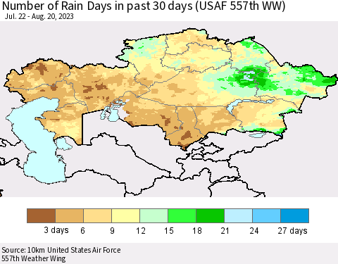 Kazakhstan Number of Rain Days in past 30 days (USAF 557th WW) 08/20/2023 Thematic Map For 8/16/2023 - 8/20/2023