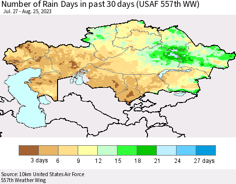 Kazakhstan Number of Rain Days in past 30 days (USAF 557th WW) 08/25/2023 Thematic Map For 8/21/2023 - 8/25/2023