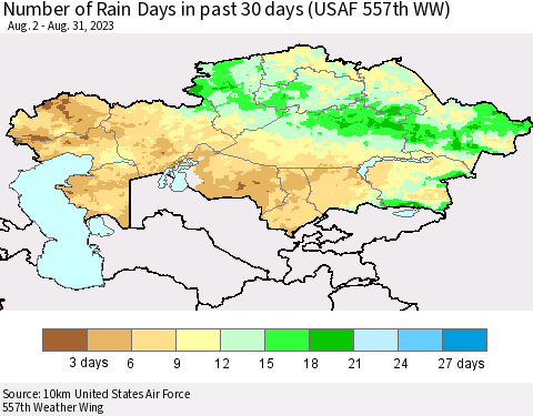 Kazakhstan Number of Rain Days in past 30 days (USAF 557th WW) 08/31/2023 Thematic Map For 8/26/2023 - 8/31/2023