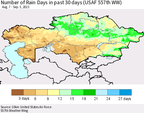 Kazakhstan Number of Rain Days in past 30 days (USAF 557th WW) 09/05/2023 Thematic Map For 9/1/2023 - 9/5/2023