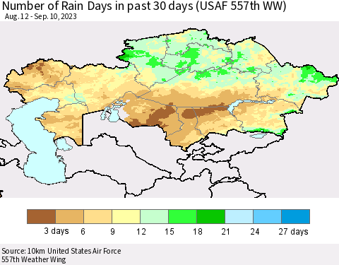 Kazakhstan Number of Rain Days in past 30 days (USAF 557th WW) 09/10/2023 Thematic Map For 9/6/2023 - 9/10/2023