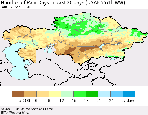 Kazakhstan Number of Rain Days in past 30 days (USAF 557th WW) 09/15/2023 Thematic Map For 9/11/2023 - 9/15/2023