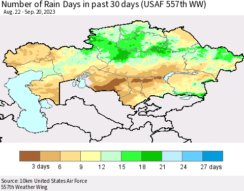 Kazakhstan Number of Rain Days in past 30 days (USAF 557th WW) 09/20/2023 Thematic Map For 9/16/2023 - 9/20/2023