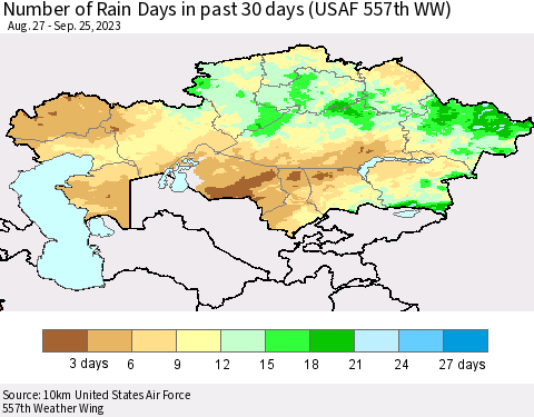 Kazakhstan Number of Rain Days in past 30 days (USAF 557th WW) 09/25/2023 Thematic Map For 9/21/2023 - 9/25/2023