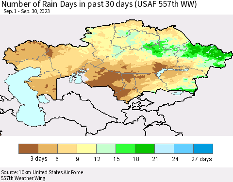 Kazakhstan Number of Rain Days in past 30 days (USAF 557th WW) 09/30/2023 Thematic Map For 9/26/2023 - 9/30/2023