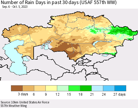 Kazakhstan Number of Rain Days in past 30 days (USAF 557th WW) 10/05/2023 Thematic Map For 10/1/2023 - 10/5/2023