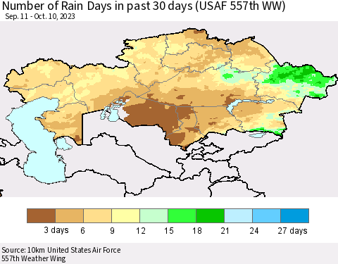 Kazakhstan Number of Rain Days in past 30 days (USAF 557th WW) 10/10/2023 Thematic Map For 10/6/2023 - 10/10/2023