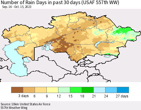 Kazakhstan Number of Rain Days in past 30 days (USAF 557th WW) 10/15/2023 Thematic Map For 10/11/2023 - 10/15/2023