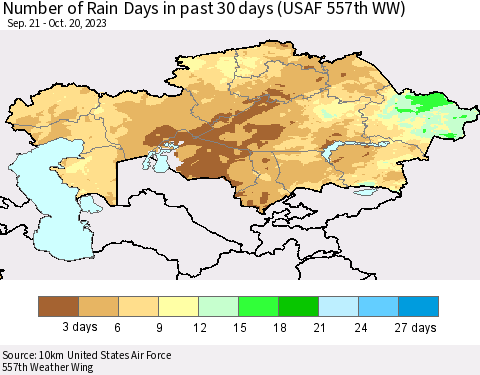 Kazakhstan Number of Rain Days in past 30 days (USAF 557th WW) 10/20/2023 Thematic Map For 10/16/2023 - 10/20/2023