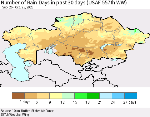 Kazakhstan Number of Rain Days in past 30 days (USAF 557th WW) 10/25/2023 Thematic Map For 10/21/2023 - 10/25/2023