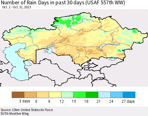 Kazakhstan Number of Rain Days in past 30 days (USAF 557th WW) 10/31/2023 Thematic Map For 10/26/2023 - 10/31/2023