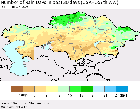 Kazakhstan Number of Rain Days in past 30 days (USAF 557th WW) 11/05/2023 Thematic Map For 11/1/2023 - 11/5/2023
