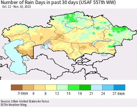 Kazakhstan Number of Rain Days in past 30 days (USAF 557th WW) 11/10/2023 Thematic Map For 11/6/2023 - 11/10/2023
