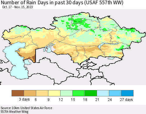 Kazakhstan Number of Rain Days in past 30 days (USAF 557th WW) 11/15/2023 Thematic Map For 11/11/2023 - 11/15/2023