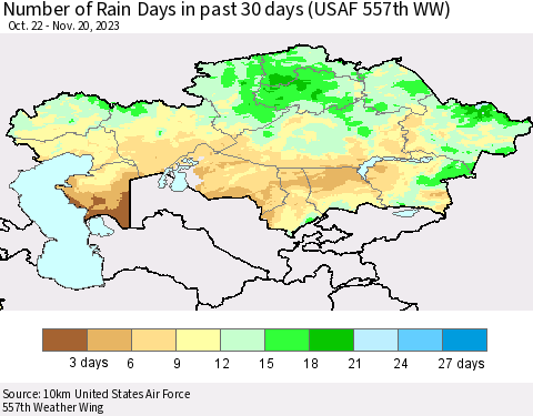 Kazakhstan Number of Rain Days in past 30 days (USAF 557th WW) 11/20/2023 Thematic Map For 11/16/2023 - 11/20/2023