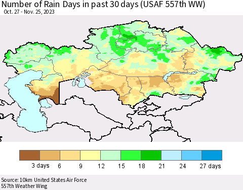 Kazakhstan Number of Rain Days in past 30 days (USAF 557th WW) 11/25/2023 Thematic Map For 11/21/2023 - 11/25/2023