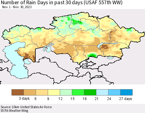Kazakhstan Number of Rain Days in past 30 days (USAF 557th WW) 11/30/2023 Thematic Map For 11/26/2023 - 11/30/2023