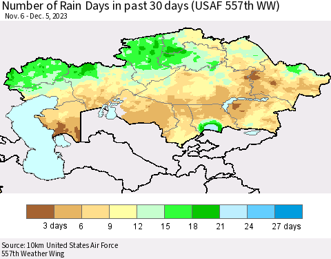 Kazakhstan Number of Rain Days in past 30 days (USAF 557th WW) 12/05/2023 Thematic Map For 12/1/2023 - 12/5/2023