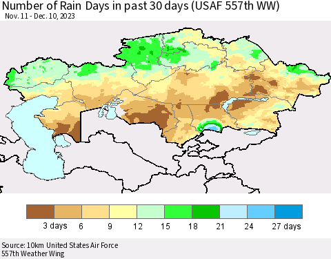 Kazakhstan Number of Rain Days in past 30 days (USAF 557th WW) 12/10/2023 Thematic Map For 12/6/2023 - 12/10/2023