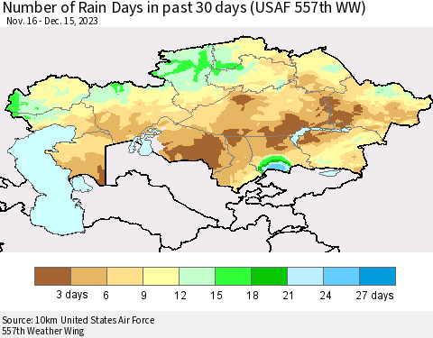 Kazakhstan Number of Rain Days in past 30 days (USAF 557th WW) 12/15/2023 Thematic Map For 12/11/2023 - 12/15/2023