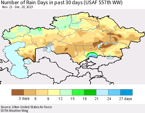 Kazakhstan Number of Rain Days in past 30 days (USAF 557th WW) 12/20/2023 Thematic Map For 12/16/2023 - 12/20/2023