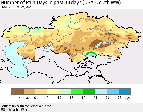 Kazakhstan Number of Rain Days in past 30 days (USAF 557th WW) 12/25/2023 Thematic Map For 12/21/2023 - 12/25/2023