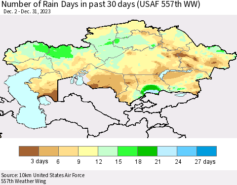 Kazakhstan Number of Rain Days in past 30 days (USAF 557th WW) 12/31/2023 Thematic Map For 12/26/2023 - 12/31/2023