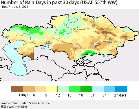 Kazakhstan Number of Rain Days in past 30 days (USAF 557th WW) 01/05/2024 Thematic Map For 1/1/2024 - 1/5/2024