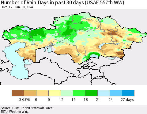 Kazakhstan Number of Rain Days in past 30 days (USAF 557th WW) 01/10/2024 Thematic Map For 1/6/2024 - 1/10/2024