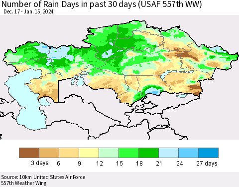Kazakhstan Number of Rain Days in past 30 days (USAF 557th WW) 01/15/2024 Thematic Map For 1/11/2024 - 1/15/2024