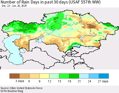 Kazakhstan Number of Rain Days in past 30 days (USAF 557th WW) 01/20/2024 Thematic Map For 1/16/2024 - 1/20/2024