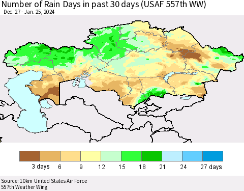 Kazakhstan Number of Rain Days in past 30 days (USAF 557th WW) 01/25/2024 Thematic Map For 1/21/2024 - 1/25/2024