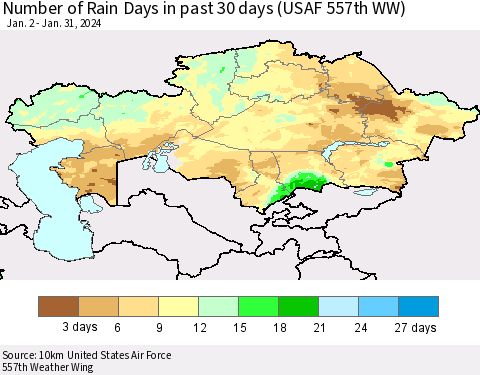Kazakhstan Number of Rain Days in past 30 days (USAF 557th WW) 01/31/2024 Thematic Map For 1/26/2024 - 1/31/2024