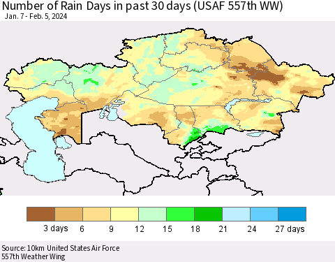 Kazakhstan Number of Rain Days in past 30 days (USAF 557th WW) 02/05/2024 Thematic Map For 2/1/2024 - 2/5/2024