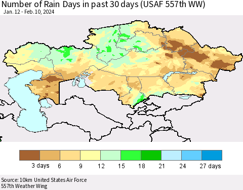 Kazakhstan Number of Rain Days in past 30 days (USAF 557th WW) 02/10/2024 Thematic Map For 2/6/2024 - 2/10/2024