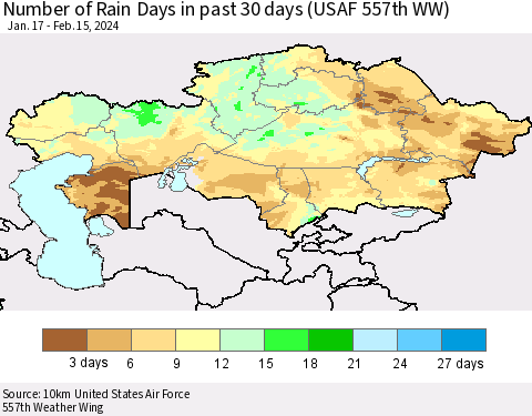 Kazakhstan Number of Rain Days in past 30 days (USAF 557th WW) 02/15/2024 Thematic Map For 2/11/2024 - 2/15/2024