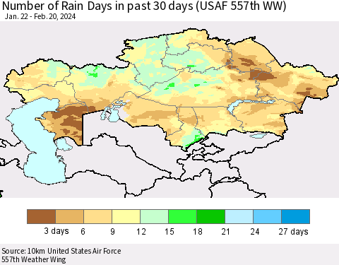Kazakhstan Number of Rain Days in past 30 days (USAF 557th WW) 02/20/2024 Thematic Map For 2/16/2024 - 2/20/2024